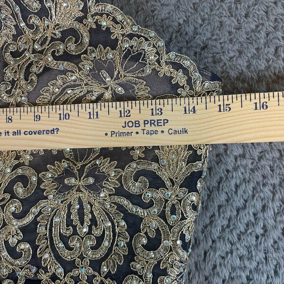 Xscape Crystal Embroidered Halter Velvet Gown in Blue/Gold Size 6 Prom Formal - Picture 12 of 15